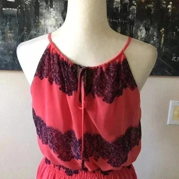 En Focus Pretty Orange and Blue Lace Horizontal Floral Maxi Dress-10P - Picture 4 of 6